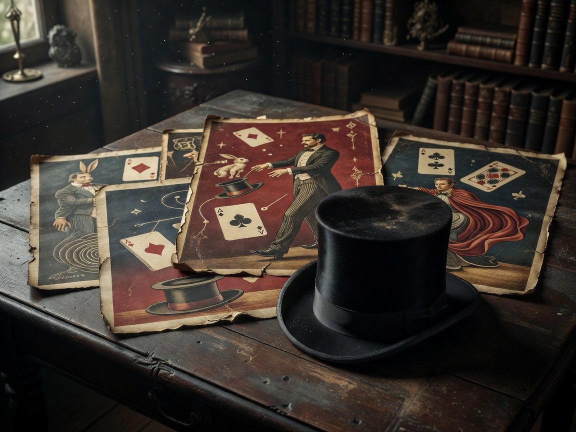 Antique magic posters and top hat