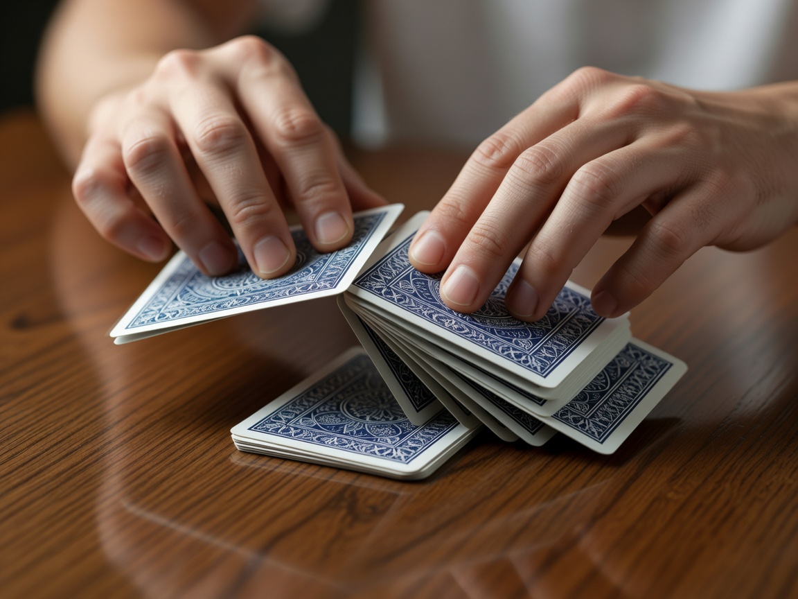 Hands shuffling a deck of playing cards