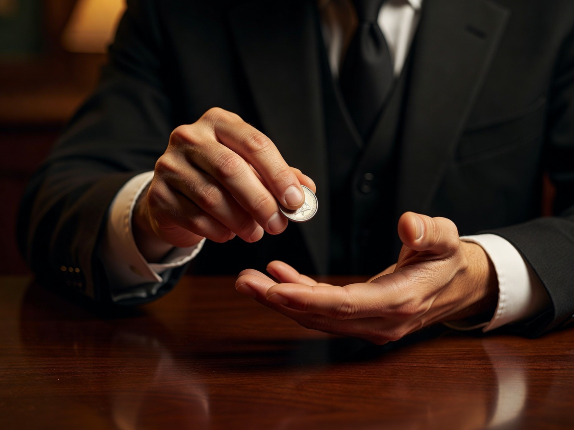 Magician performing coin trick close up